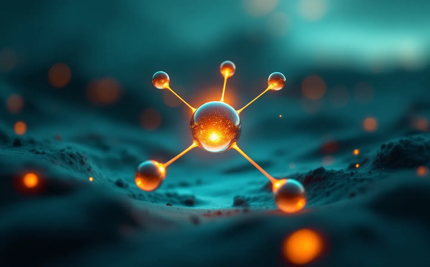 Cinematic layered-depth illustration of a warm copper coordination node held by three cool glowing residue rings in sharp focus over a soft-blurred teal-twilight depth field